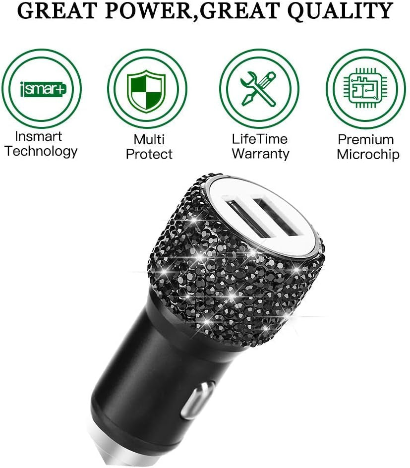 Fast Car Charger: Dual USB Ports, Rhinestone Accents - iPhone, iPad, Samsung Compatible