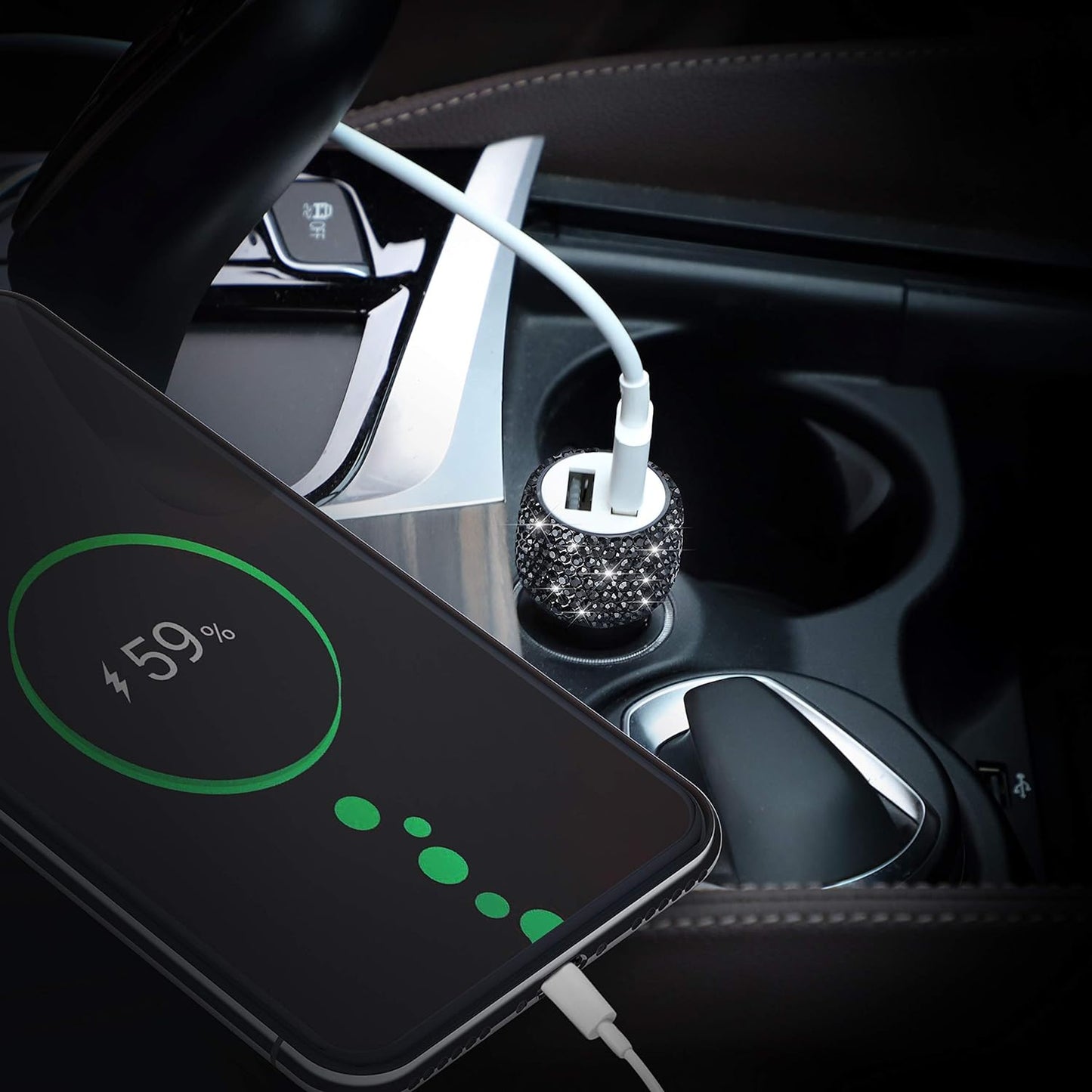 Fast Car Charger: Dual USB Ports, Rhinestone Accents - iPhone, iPad, Samsung Compatible